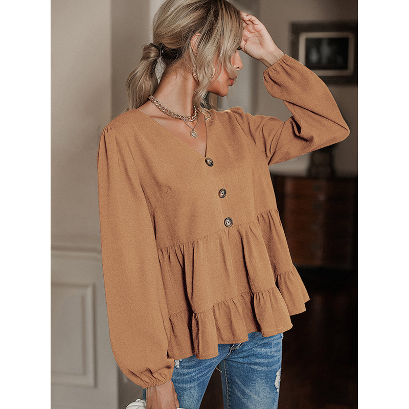 Khaki Puff Sleeve Gathered Regular Top