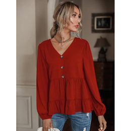 Red Bell Sleeves Puff Sleeves V-Neck Tiered Top