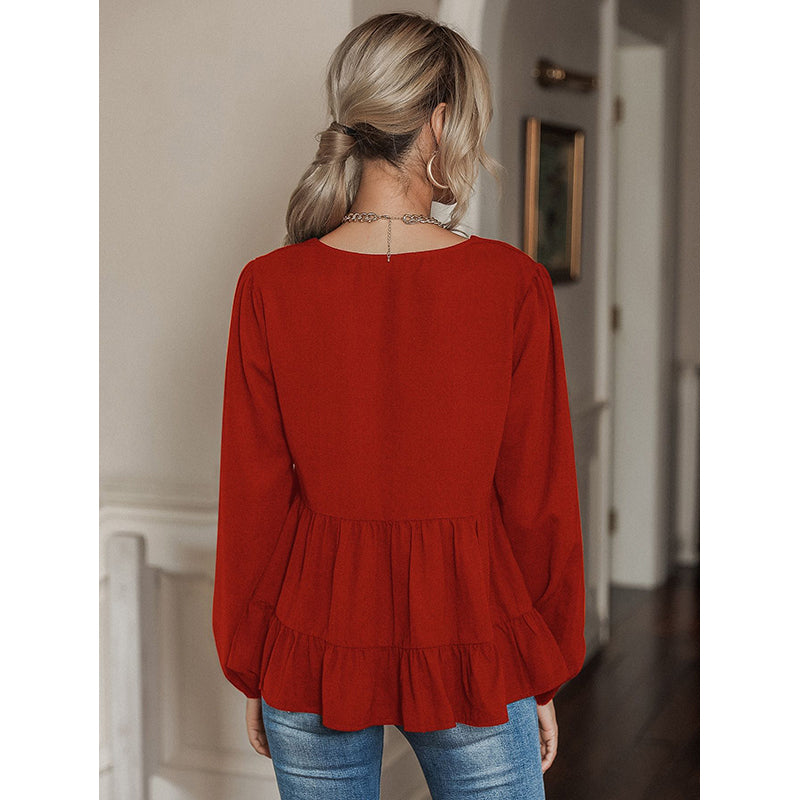 Red Bell Sleeves Puff Sleeves V-Neck Tiered Top