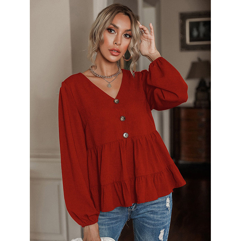 Red Bell Sleeves Puff Sleeves V-Neck Tiered Top