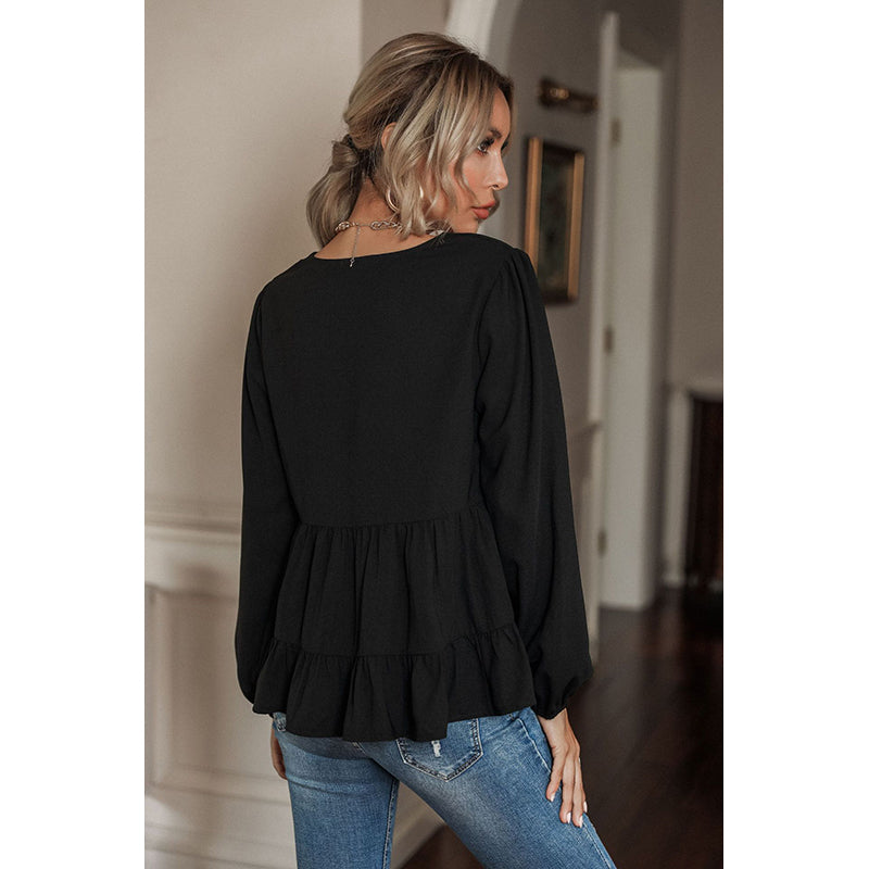 Black Bell Sleeves V-Neck Tiered Top