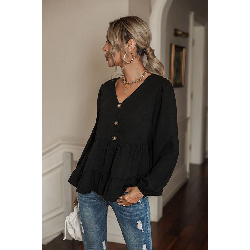 Black Bell Sleeves V-Neck Tiered Top