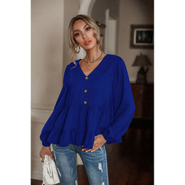 Blue Puff Sleeve Gathered Regular Top