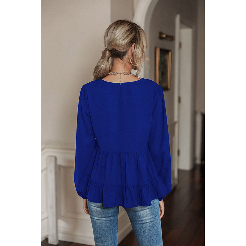 Blue Puff Sleeve Gathered Regular Top