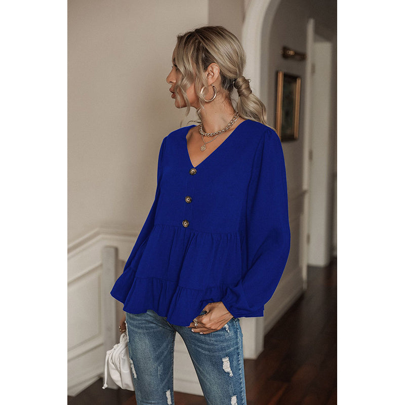 Blue Puff Sleeve Gathered Regular Top