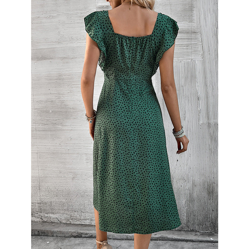 Polka Dot Printed Flutter Sleeve A-Line Dress