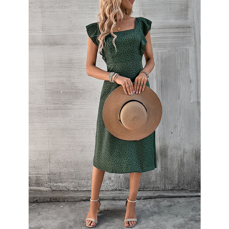 Polka Dot Printed Flutter Sleeve A-Line Dress