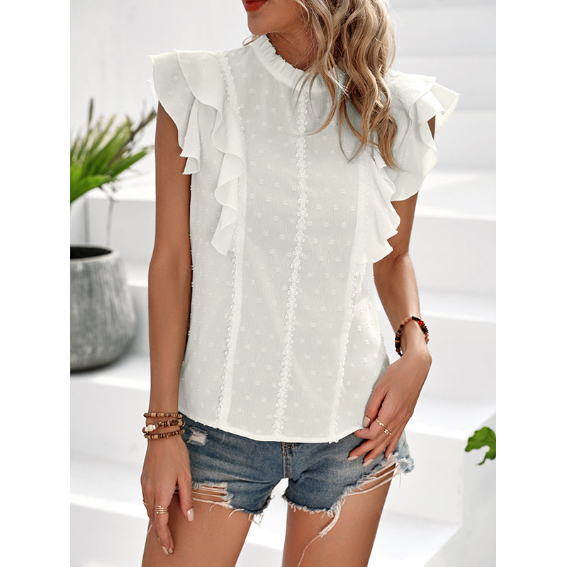 White High Neck Flutter Sleeves Casual Top