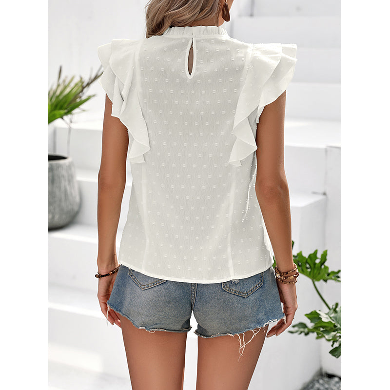 White High Neck Flutter Sleeves Casual Top
