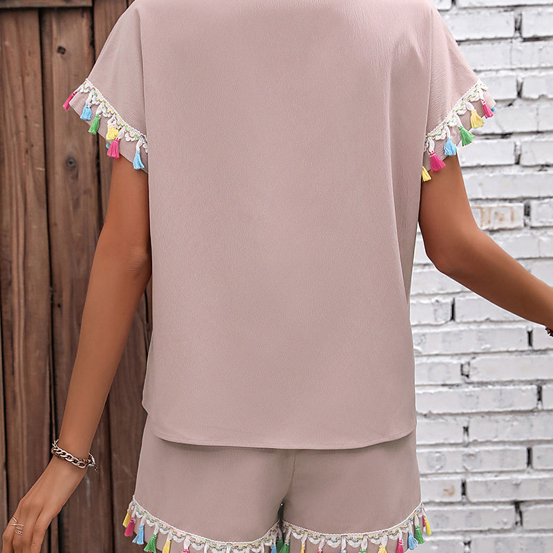 Mauve V-Neck Extended Sleeve Top & Shorts With Lace Tasselled Detail