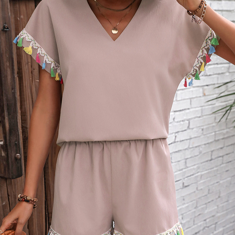 Mauve V-Neck Extended Sleeve Top & Shorts With Lace Tasselled Detail