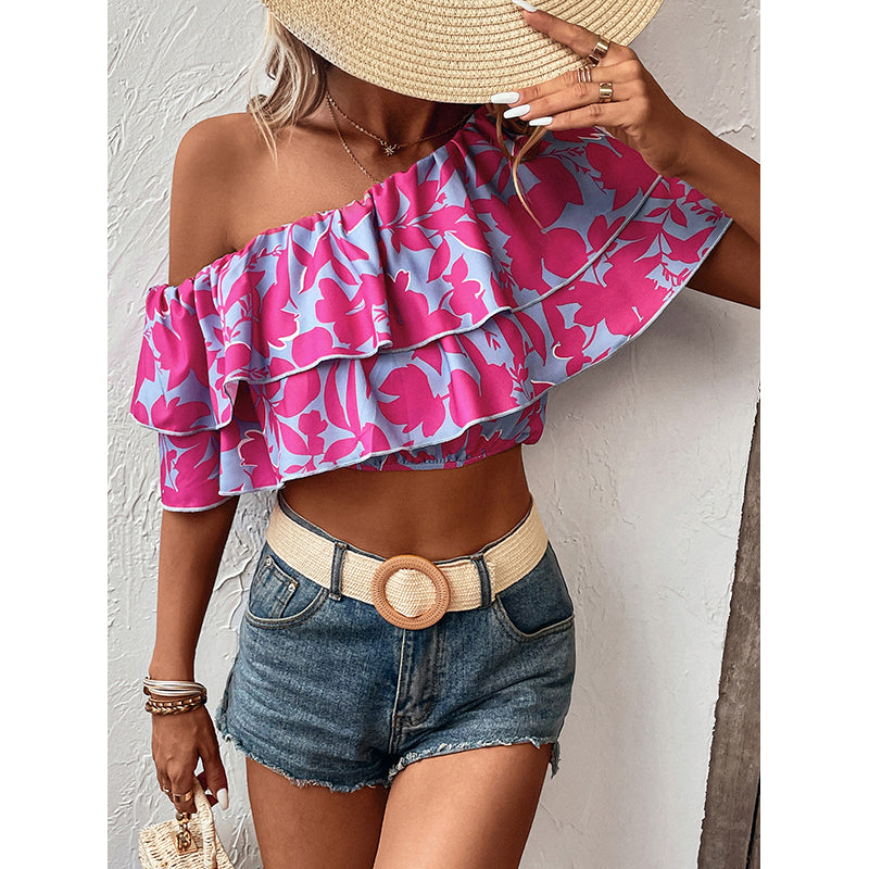 Floral Printed One Shoulder Crop Top