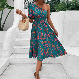 Floral Printed Smocked One Shoulder Fit & Flare Dress
