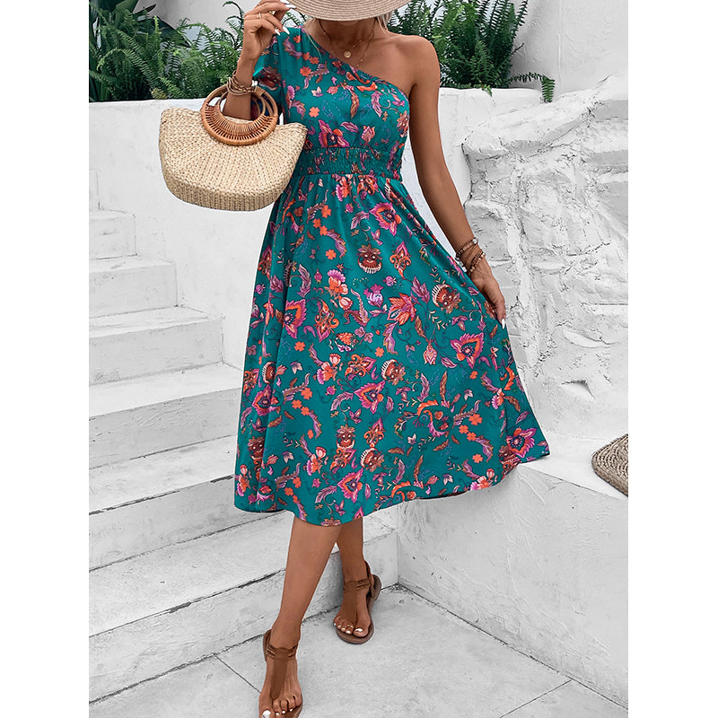 Floral Printed Smocked One Shoulder Fit & Flare Dress