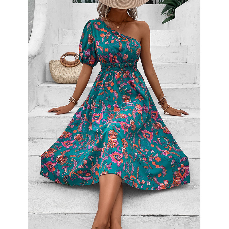 Floral Printed Smocked One Shoulder Fit & Flare Dress