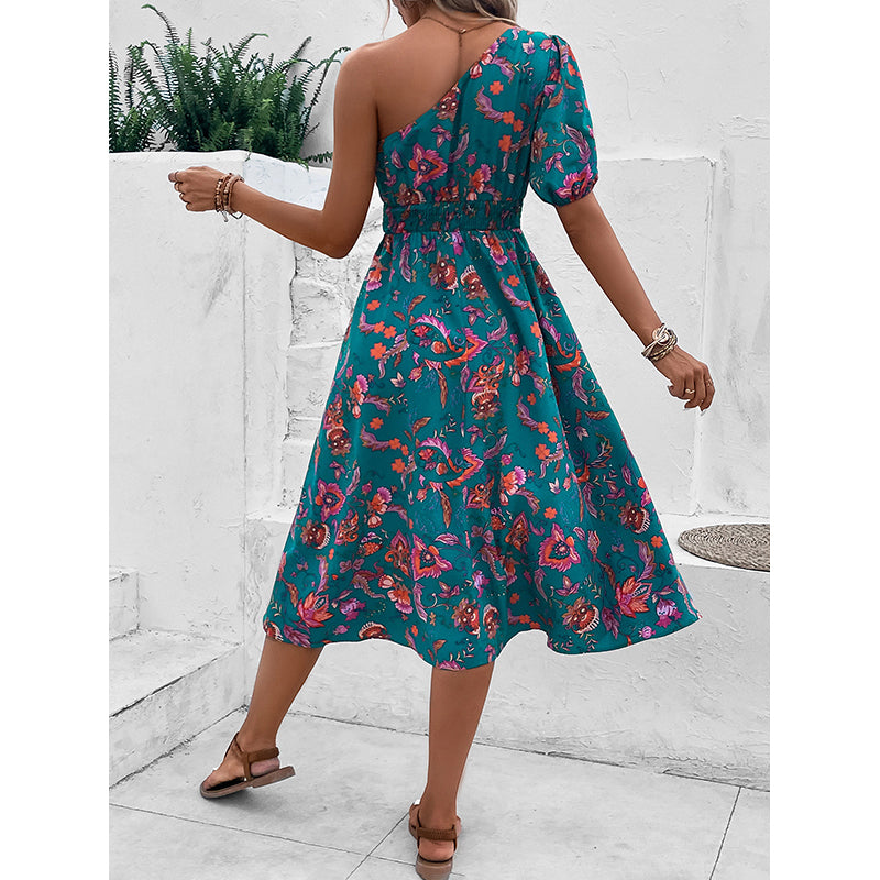 Floral Printed Smocked One Shoulder Fit & Flare Dress