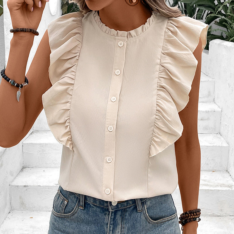 Beige High Neck Ruffles Top