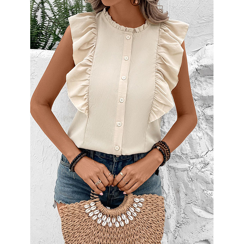 Beige High Neck Ruffles Top