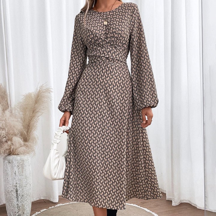 Khaki Abstract Printed Puff Sleeves A-Line Midi Dress