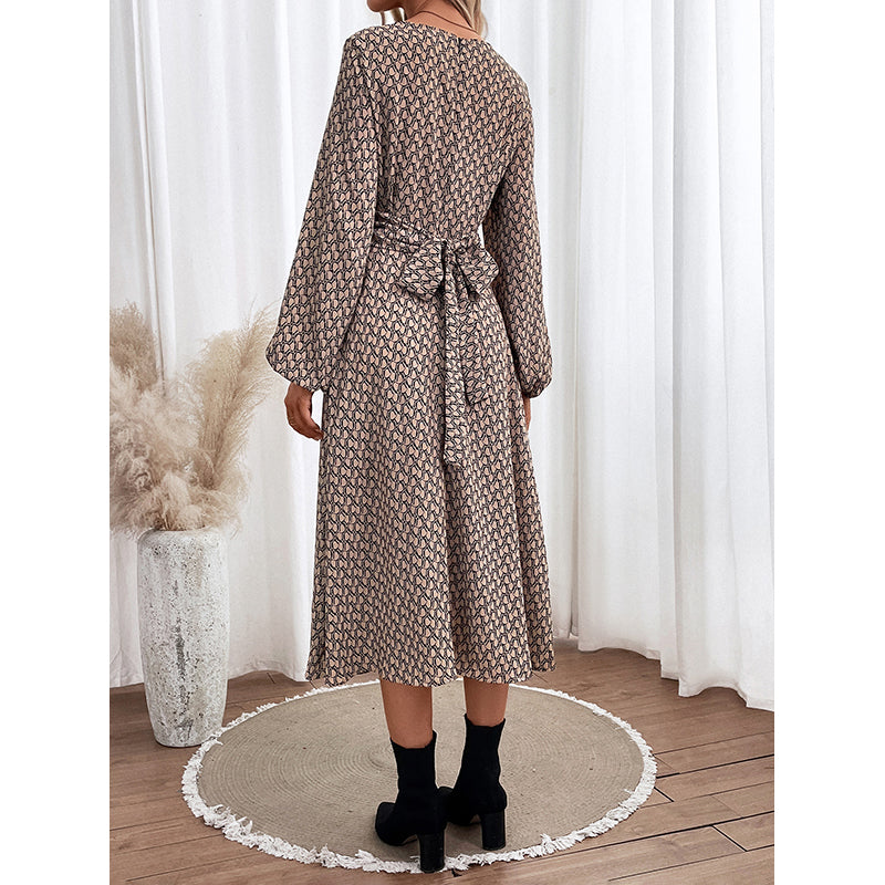 Khaki Abstract Printed Puff Sleeves A-Line Midi Dress