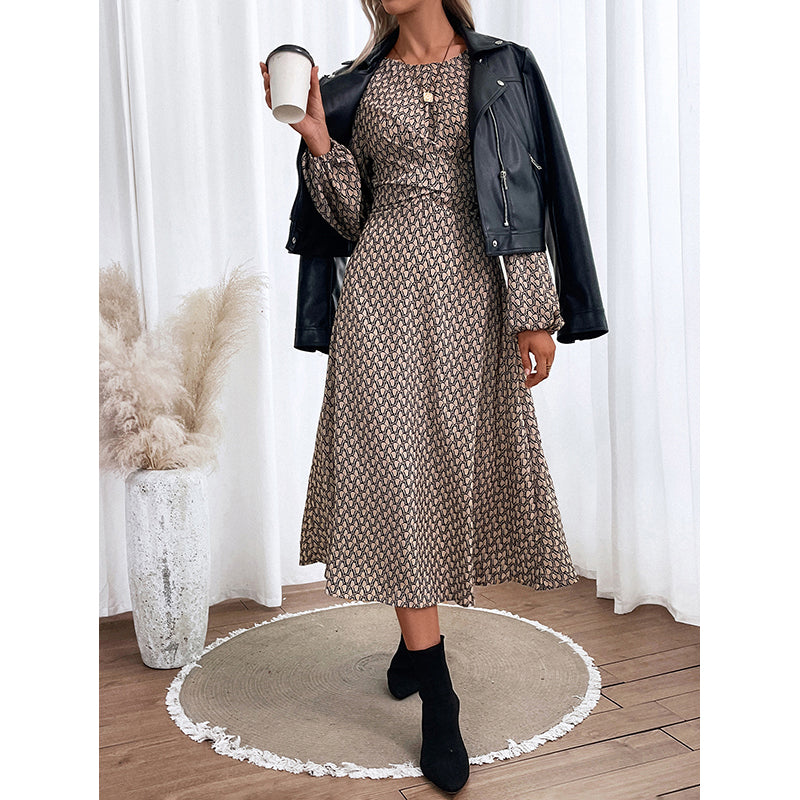 Khaki Abstract Printed Puff Sleeves A-Line Midi Dress
