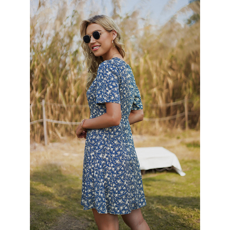 Blue Floral Printed A-Line Dress