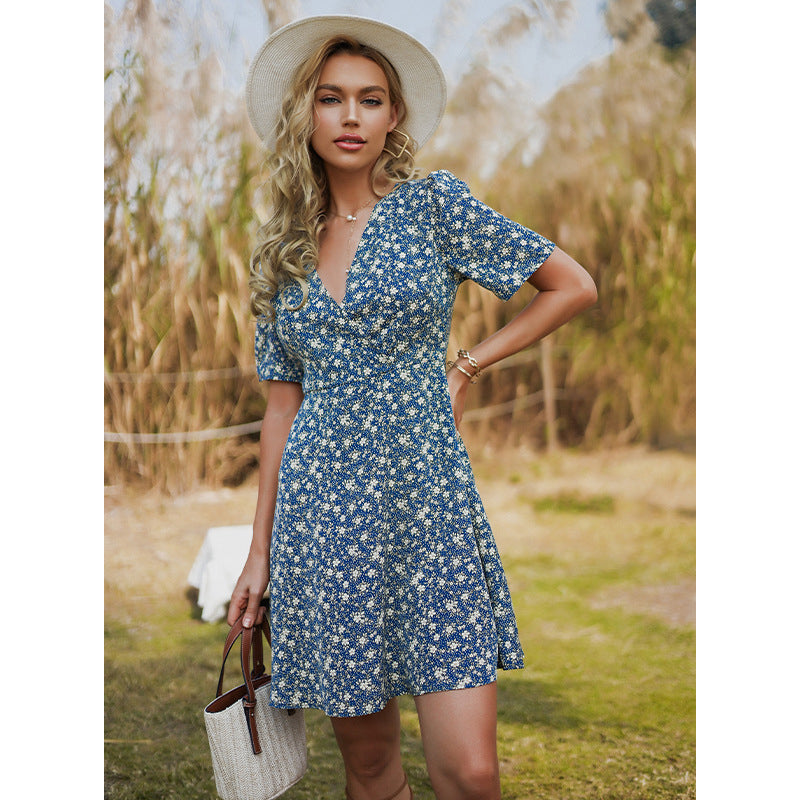 Blue Floral Printed A-Line Dress