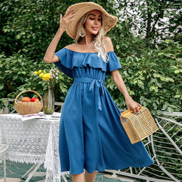 Blue Off-Shoulder Tie-Ups Detail Fit & Flare Dress