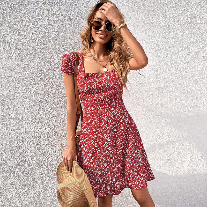 Square Neck Floral Printed Tie Up A-Line Dress