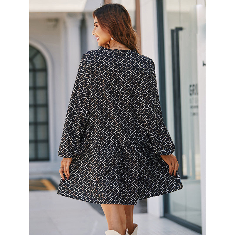 Black Geometric Printed Puff Sleeves A-Line Dress