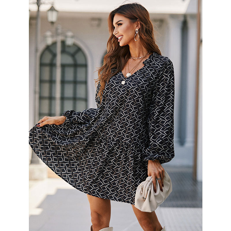 Black Geometric Printed Puff Sleeves A-Line Dress