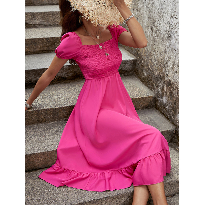 Pink Puff Sleeve Smocked A-Line Dress