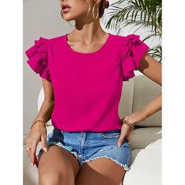 Pink Round Neck Flutter Sleeves Top