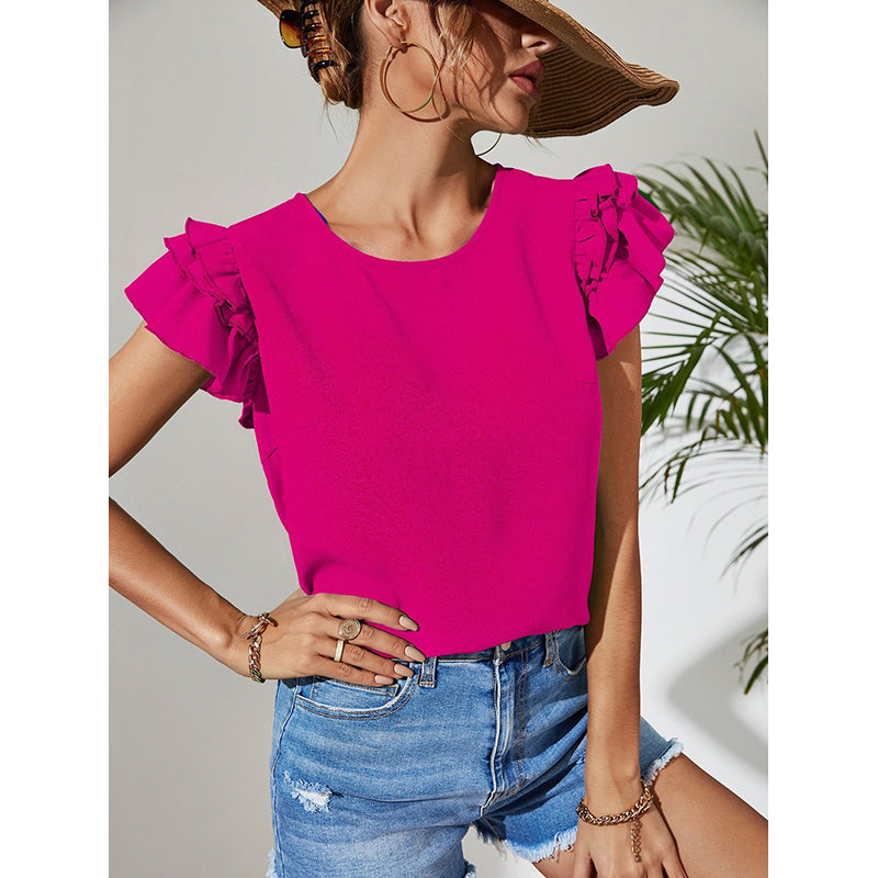Pink Round Neck Flutter Sleeves Top