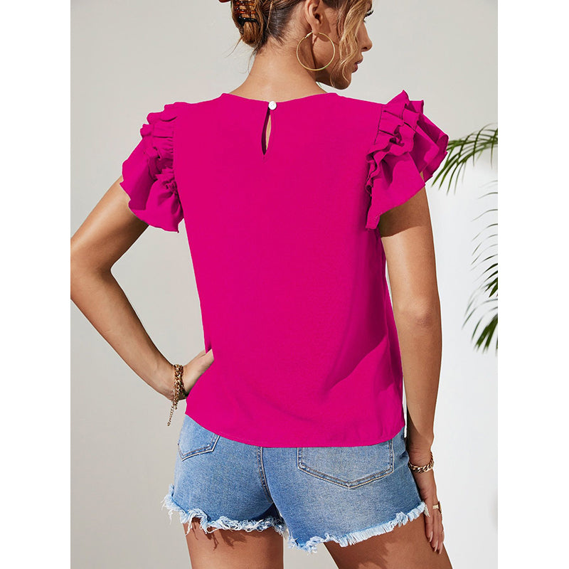 Pink Round Neck Flutter Sleeves Top
