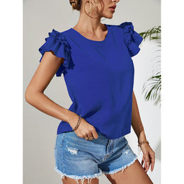 Blue Round Neck Flutter Sleeves Ruffles Top
