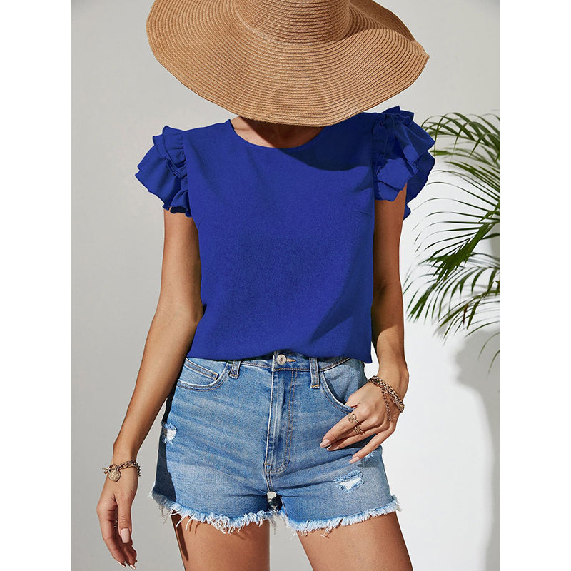 Blue Round Neck Flutter Sleeves Ruffles Top