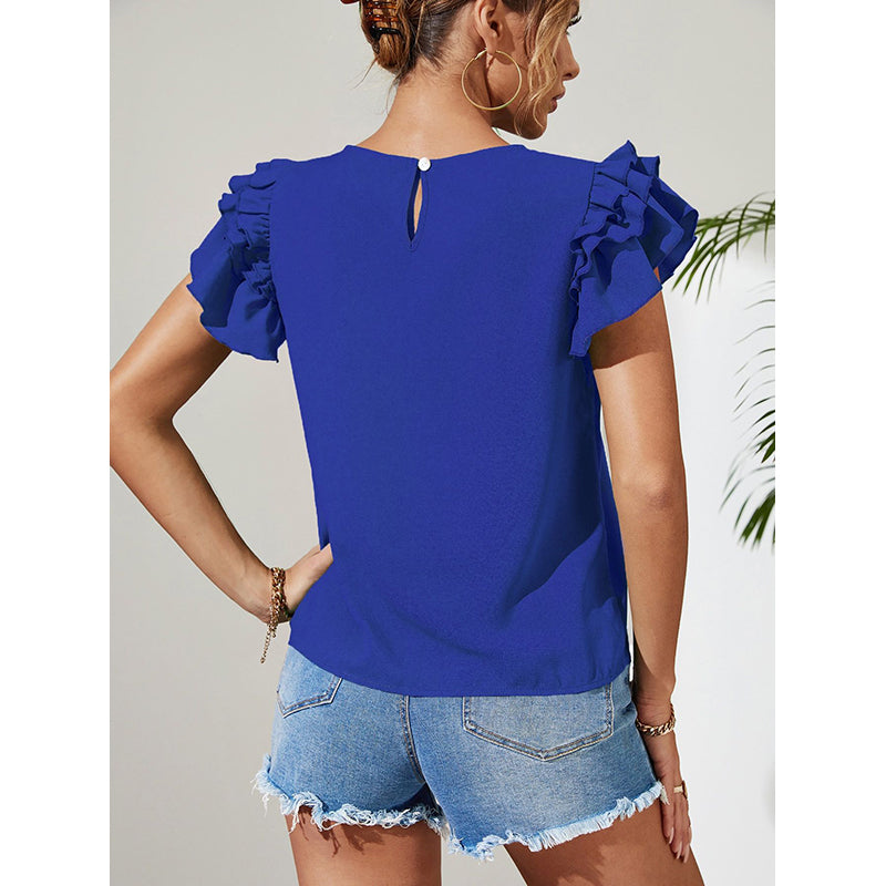 Blue Round Neck Flutter Sleeves Ruffles Top