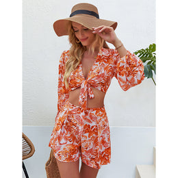 Orange Printed V-Neck Top & Shorts