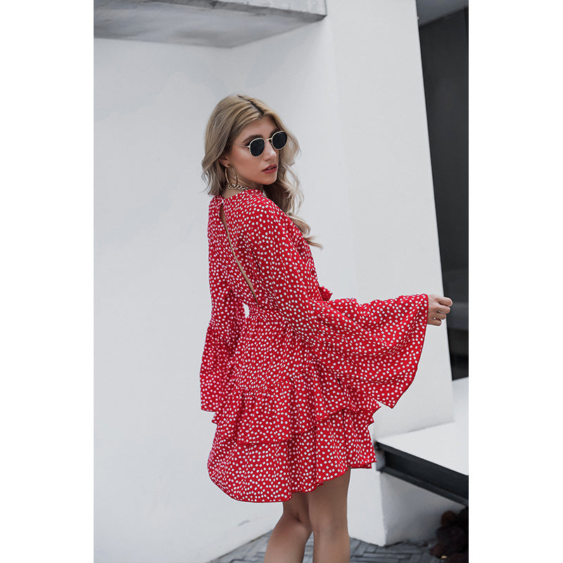 Red Polka Dot Print Bell Sleeve Layered Dress