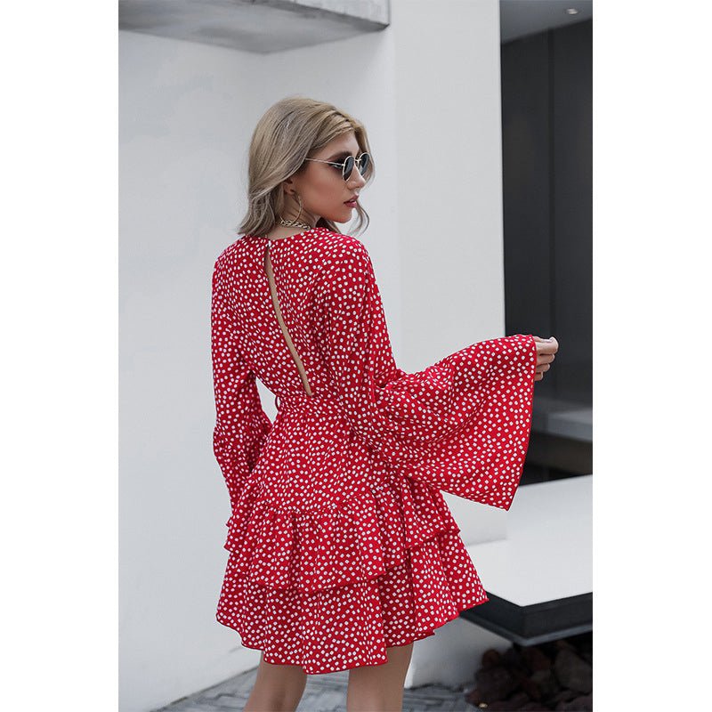 Red Polka Dot Print Bell Sleeve Layered Dress