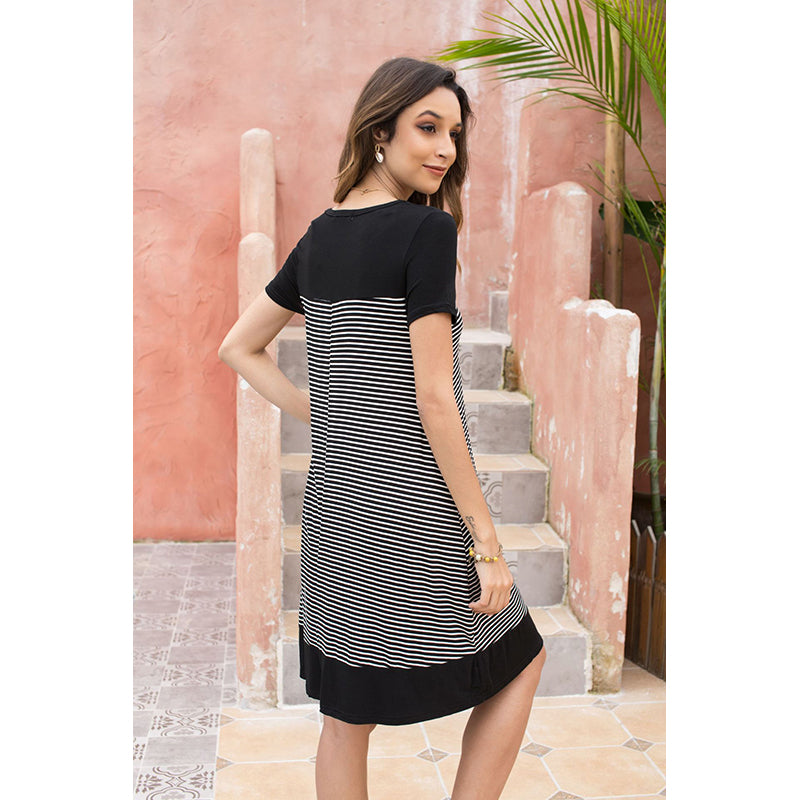 Black Striped Round Neck T-shirt Dress