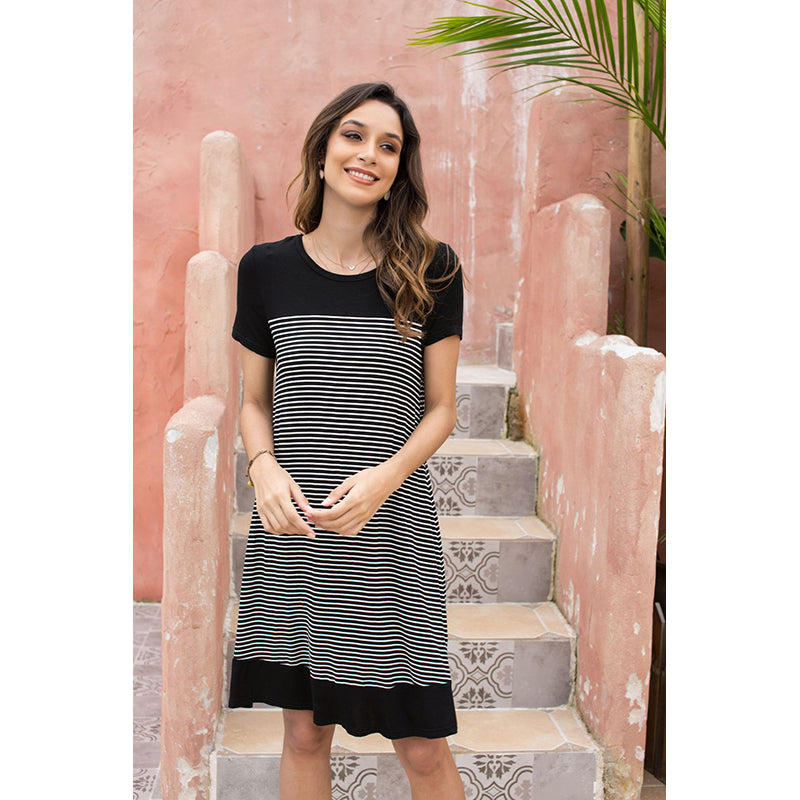 Black Striped Round Neck T-shirt Dress