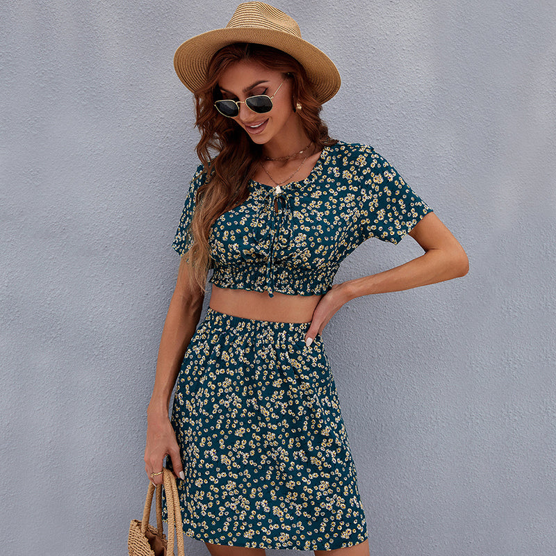 Green Printed Round Neck Top & Skirt