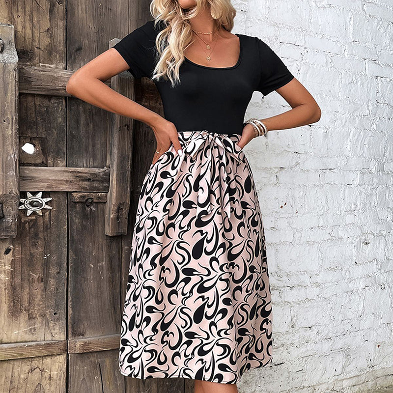 Black Abstract Printed Fit & Flare Midi Dress