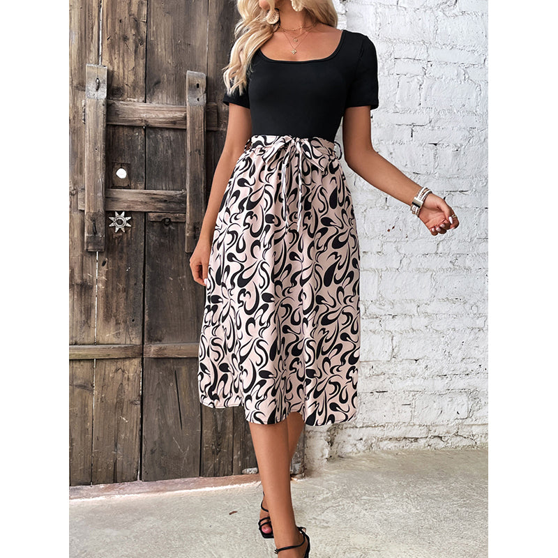 Black Abstract Printed Fit & Flare Midi Dress