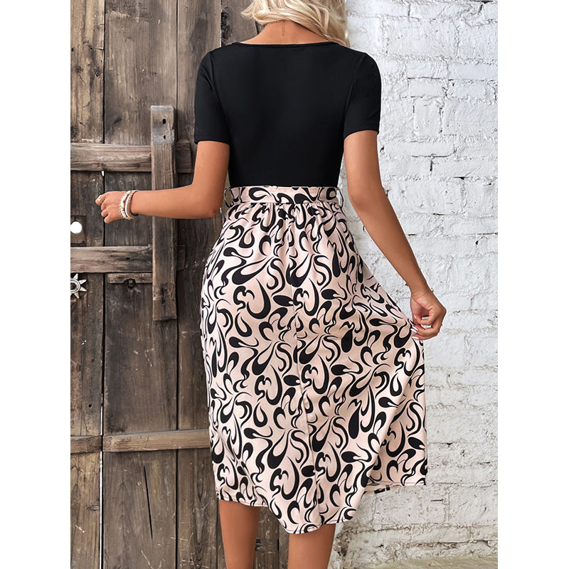 Black Abstract Printed Fit & Flare Midi Dress