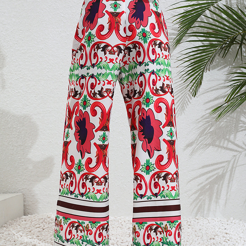 Women Red Floral Printed Slim Fit Parallel Trousers