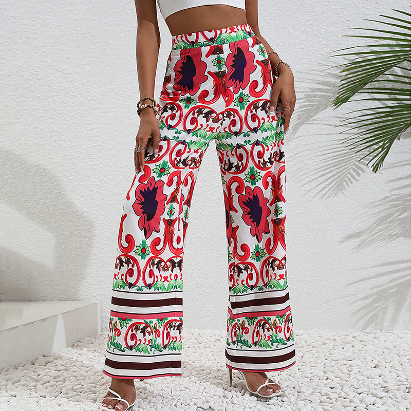 Women Red Floral Printed Slim Fit Parallel Trousers