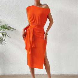 Orange One Shoulder Sheath Midi Dress
